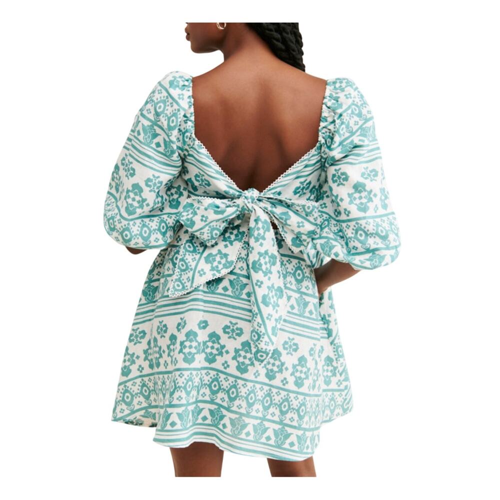 Kivari Iman Bold Print Puff Sleeve Backless Tie 100% Linen Blouson Mini Dress